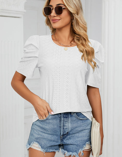 Load image into Gallery viewer, Eyelet Round Neck Puff Sleeve T-Shirt
