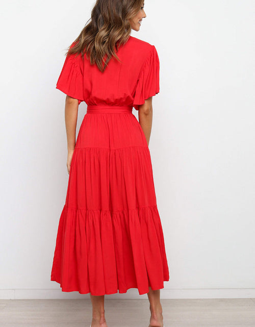 Load image into Gallery viewer, Front Tie Short Sleeve Tiered Midi Dress
