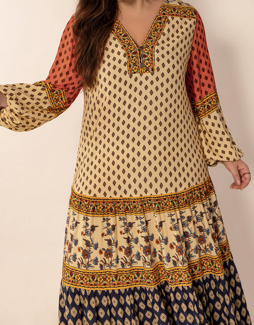 Load image into Gallery viewer, Plus Size Printed V-Neck Long Sleeve Maxi Dress
