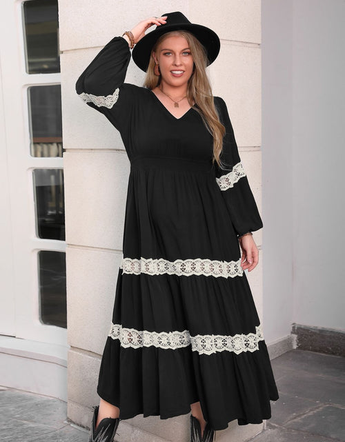 Load image into Gallery viewer, Plus Size Lace Detail V-Neck Long Sleeve Midi Dress
