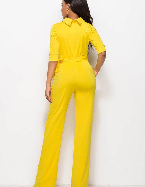 Load image into Gallery viewer, Mock Neck Tie-Waist Half Sleeve Jumpsuit
