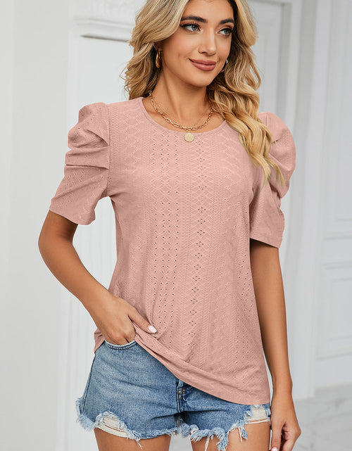 Load image into Gallery viewer, Eyelet Round Neck Puff Sleeve T-Shirt
