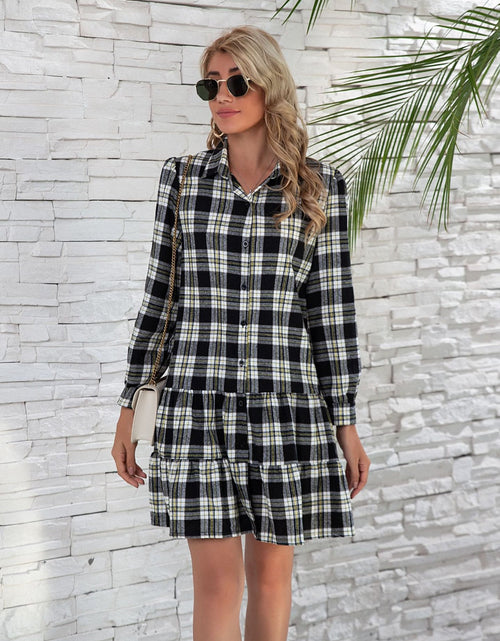 Load image into Gallery viewer, Ruffle Hem Plaid Button Down Long Sleeve Dress
