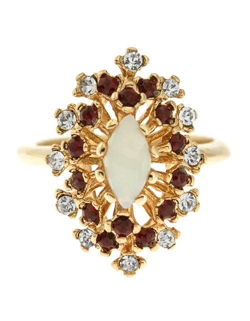 Load image into Gallery viewer, Vintage Ring Genuine Opal with Clear and Ruby Austrian Crystals 18kt Yellow Gold Electroplated by PVD Vintage Jewelry
