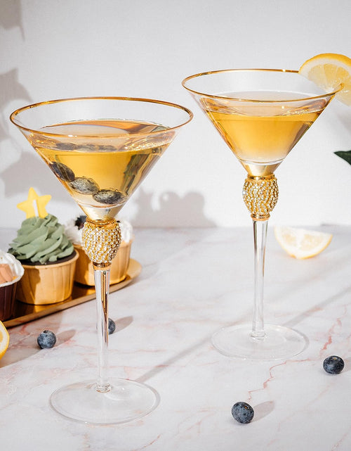 Load image into Gallery viewer, Diamond Collection 2 Piece Stemmed Martini Set - Rhinestone For Drinking Martinis, Manhattans, Vodka, Gin, Cocktails Gold Accent Cocktail Glasses, Perfect For Any Bar or Party 10oz - Swarovski Style by The Wine Savant
