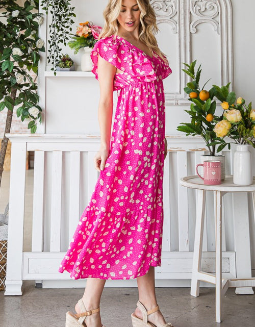Load image into Gallery viewer, Reborn J Printed V-Neck Ruffle Trim Tiered Midi Dress
