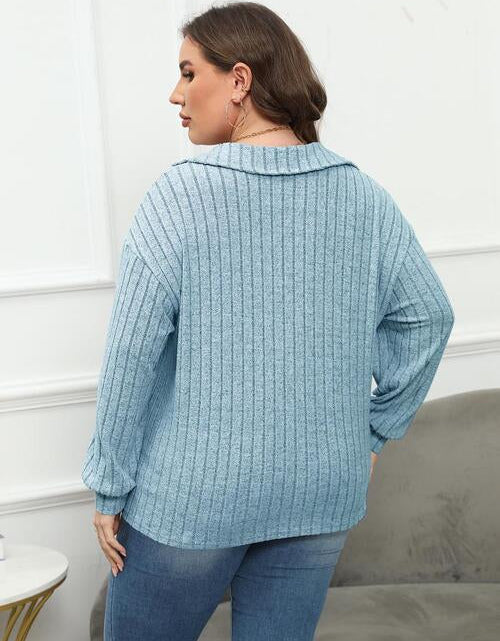 Load image into Gallery viewer, Plus Size Ribbed Collared Neck Long Sleeve Blouse

