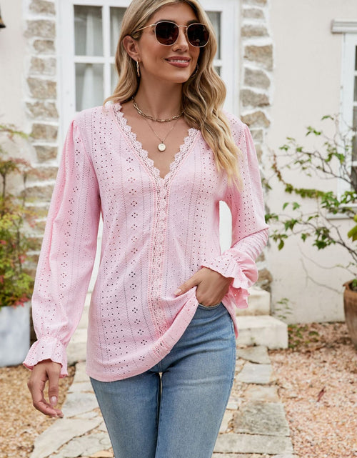 Load image into Gallery viewer, Eyelet Lace Trim Flounce Sleeve Blouse
