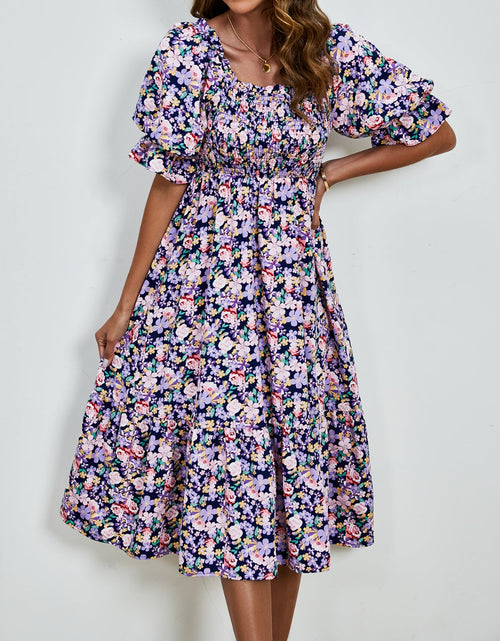 Load image into Gallery viewer, Smocked Floral Square Neck Short Sleeve Dress
