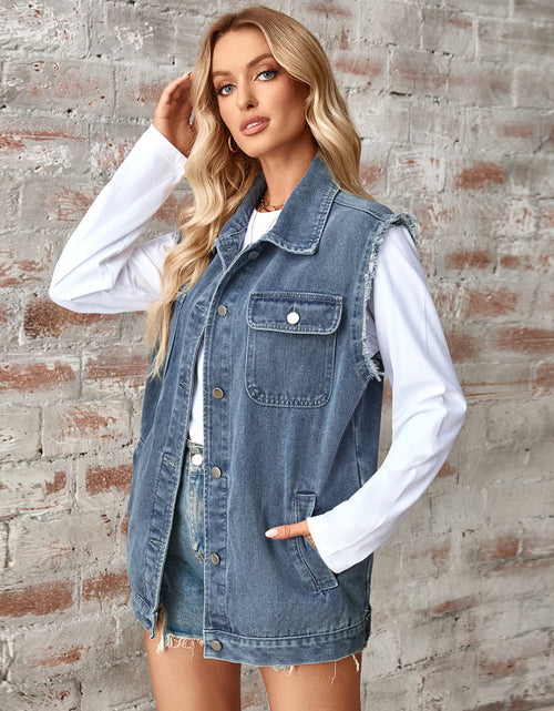 Load image into Gallery viewer, Raw Hem Sleeveless Button Up Denim Jacket
