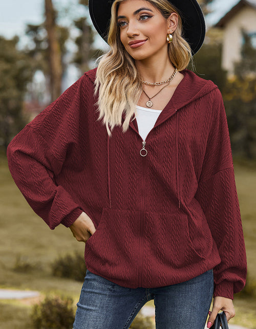 Load image into Gallery viewer, Drawstring Zip Up Dropped Shoulder Hoodie
