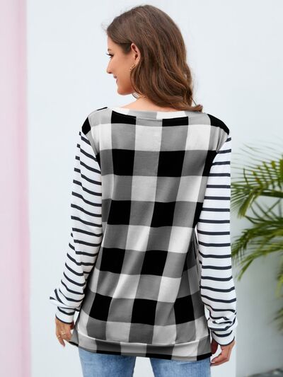 Load image into Gallery viewer, Plaid Striped Round Neck Long Sleeve T-Shirt
