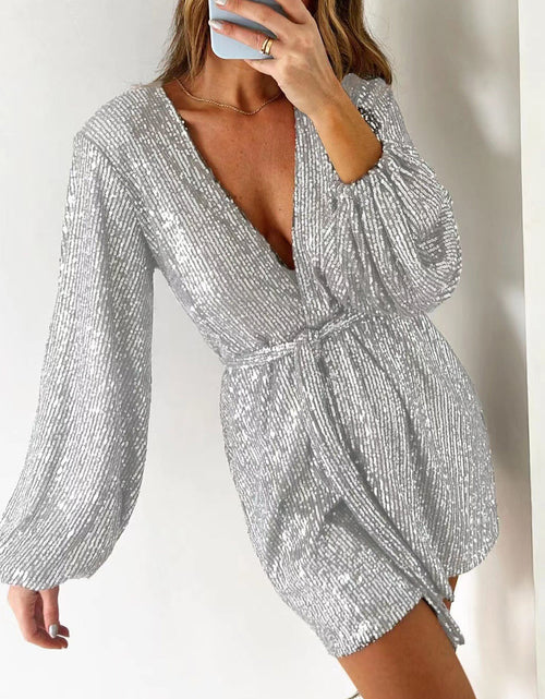 Load image into Gallery viewer, Full Size Sequin Surplice Tie Waist Long Sleeve Romper

