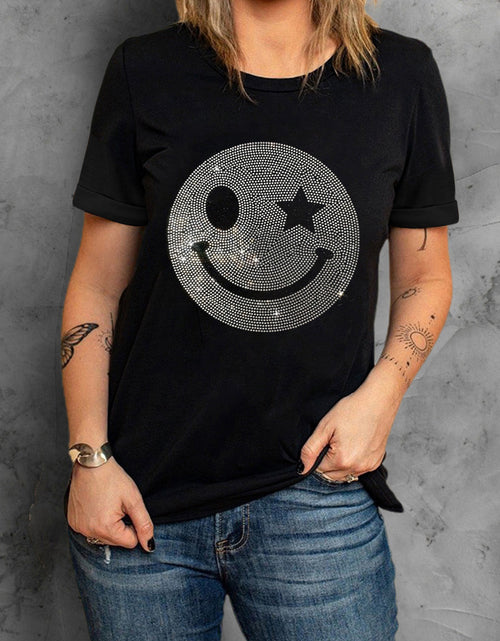 Load image into Gallery viewer, Rhinestone Smiley Round Neck Short Sleeve T-Shirt
