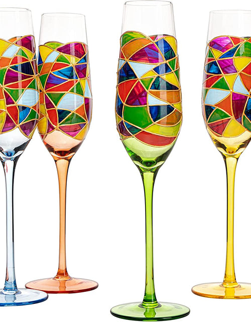 Load image into Gallery viewer, Stained Glass Champagne Flutes Set of 6 Hand Painted - Wine Savant - Hand Blown 7 Ounce Colorful Renaissance Champagne Glasses - 10.2" Tall, 2.7" Diameter Rainbow Multicolor Design Glassware by The Wine Savant
