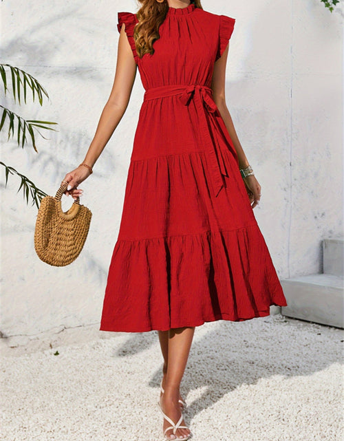 Load image into Gallery viewer, Frill Mock Neck Ruffled Cap Sleeve Midi Dress
