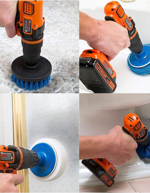 Load image into Gallery viewer, RevoClean 4 Piece Scrub Brush Power Drill Attachments-All Purpose Time Saving Kit-Perfect for Cleaning Grout, Tile, Counter, Shower, Grill, Floor, Kitchen, Blue &amp; White by TubShroom.com

