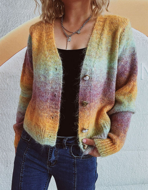 Load image into Gallery viewer, Gradient Heart Shape Button V-Neck Cardigan
