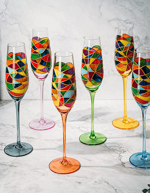 Load image into Gallery viewer, Stained Glass Champagne Flutes Set of 6 Hand Painted - Wine Savant - Hand Blown 7 Ounce Colorful Renaissance Champagne Glasses - 10.2" Tall, 2.7" Diameter Rainbow Multicolor Design Glassware by The Wine Savant

