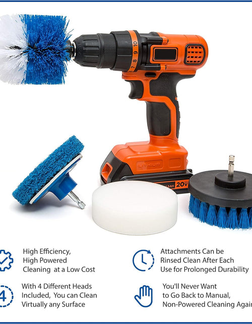 Load image into Gallery viewer, RevoClean 4 Piece Scrub Brush Power Drill Attachments-All Purpose Time Saving Kit-Perfect for Cleaning Grout, Tile, Counter, Shower, Grill, Floor, Kitchen, Blue &amp; White by TubShroom.com
