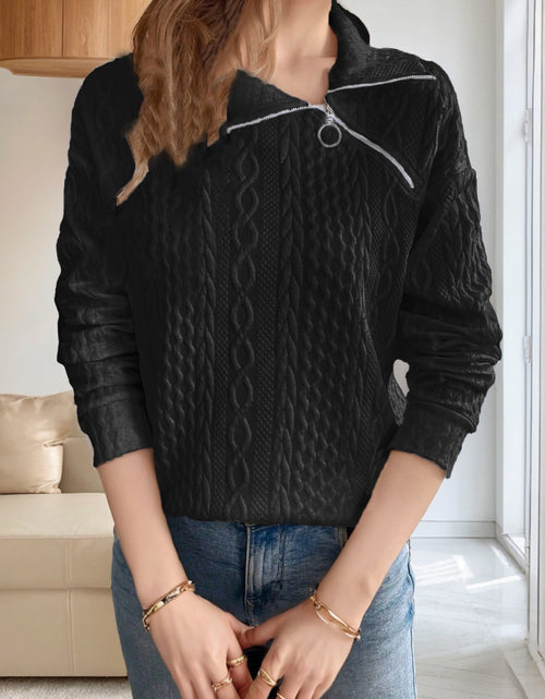 Load image into Gallery viewer, Oblique Zipper Collared Neck Long Sleeve Sweatshirt
