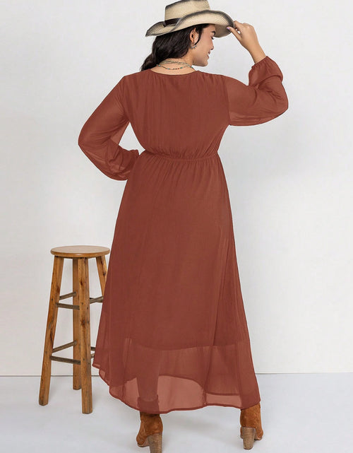 Load image into Gallery viewer, Plus Size Embroidered Tie Neck Long Sleeve Dress
