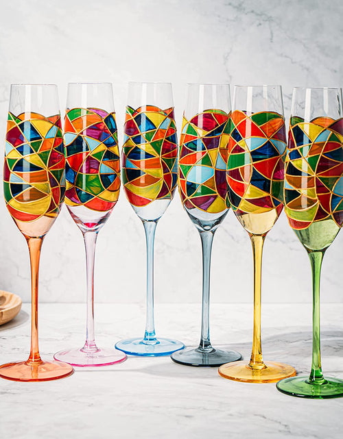 Load image into Gallery viewer, Stained Glass Champagne Flutes Set of 6 Hand Painted - Wine Savant - Hand Blown 7 Ounce Colorful Renaissance Champagne Glasses - 10.2" Tall, 2.7" Diameter Rainbow Multicolor Design Glassware by The Wine Savant

