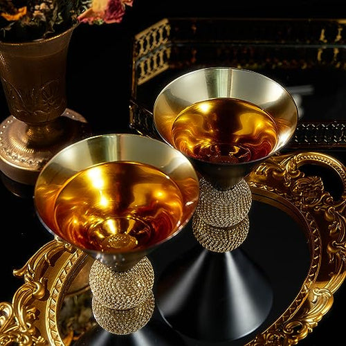Load image into Gallery viewer, The Wine Savant Diamond Studded Martini Glasses Set of 2 Black &amp; Gold Rimmed Modern Cocktail Glass, Rhinestone With Stemless Crystal Ball Base, Bar or Party 10.5oz, Swarovski Style Crystals by The Wine Savant
