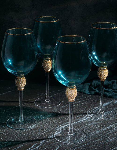 Load image into Gallery viewer, The Wine Savant Large Diamond Wine Glasses, 10" H Gold Rim Rhinestone Diamond Glasses - Wedding Glasses - 18 Ounce, Premium Designed Wine Glasses for Spirits and Wine, Gift Boxed (4, Blue) by The Wine Savant
