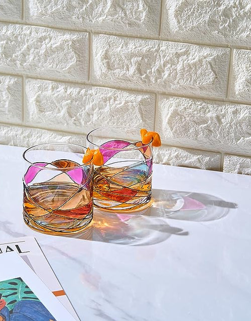 Load image into Gallery viewer, Artisanal Hand Painted Whiskey - Gift for Dad, Friends, Boyfriends, Renaissance Romantic Stain-glassed Windows Cocktail Glasses Set of 2 - Gift Idea for Birthday, Housewarming - 9.6 OZ Glassware by The Wine Savant
