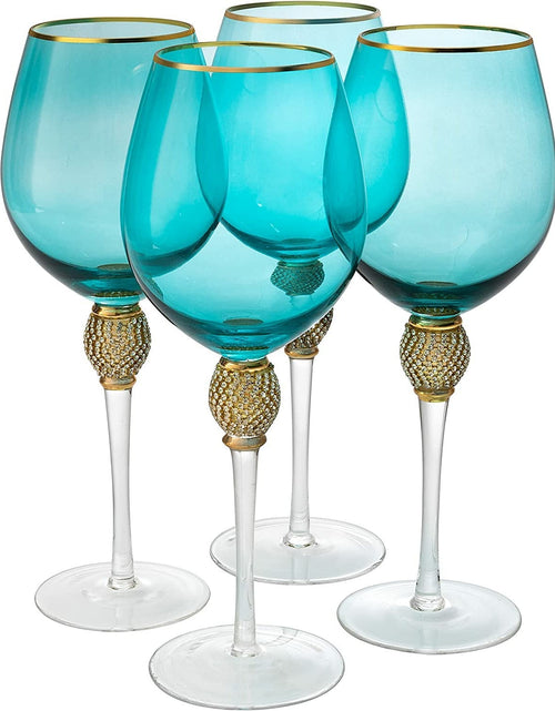 Load image into Gallery viewer, The Wine Savant Large Diamond Wine Glasses, 10" H Gold Rim Rhinestone Diamond Glasses - Wedding Glasses - 18 Ounce, Premium Designed Wine Glasses for Spirits and Wine, Gift Boxed (4, Blue) by The Wine Savant
