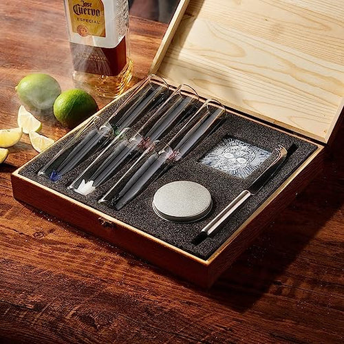 Load image into Gallery viewer, Tequila Shot Glass &amp; Salt Gift Set for Men &amp; Women | Six Agave Shot Glasses, Knife For Limes, One Skull Coaster, One Salt Tin | Skeleton Mahogany Wood Box Package For Tequila, Liquor Lovers by The Wine Savant
