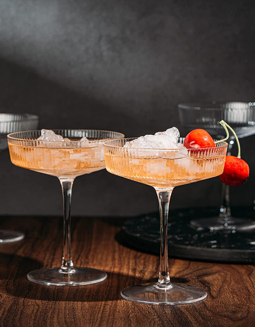 Load image into Gallery viewer, Ribbed Coupe Cocktail Glasses 8 oz | Set of 4 | Classic Manhattan Glasses For Cocktails, Champagne Coupe, Ripple Coupe Glasses, Art Deco Gatsby Vintage, Crystal with Stems (Clear) by The Wine Savant

