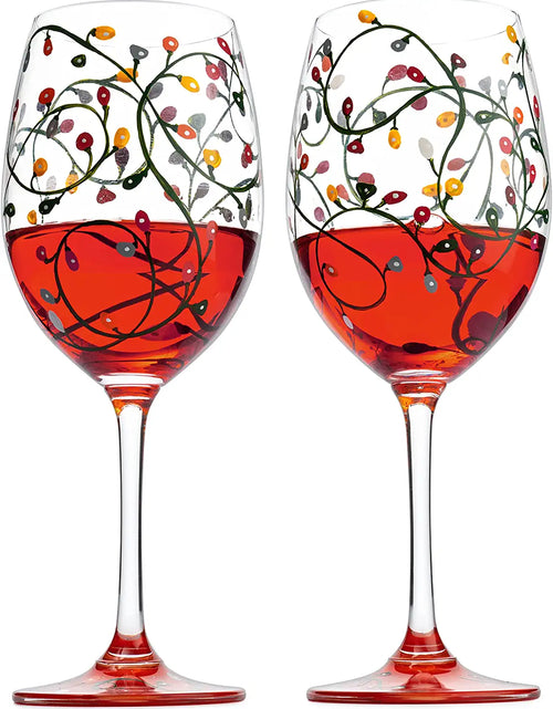 Load image into Gallery viewer, Stemmed Christmas Lights Wine Glasses Set of 2 - Hand Painted Wine Glass Ornament Light Bulbs Glasses, Perfect for Wine, Champagne, Holiday Parties and Festivities - 9.5" High, 21 oz Capacity by The Wine Savant
