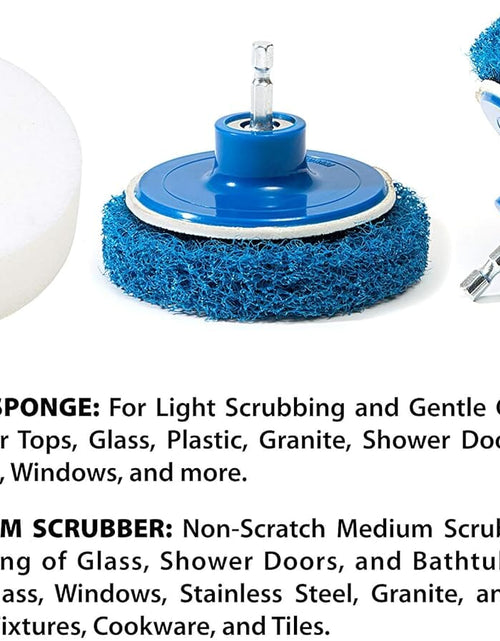 Load image into Gallery viewer, RevoClean 4 Piece Scrub Brush Power Drill Attachments-All Purpose Time Saving Kit-Perfect for Cleaning Grout, Tile, Counter, Shower, Grill, Floor, Kitchen, Blue &amp; White by TubShroom.com
