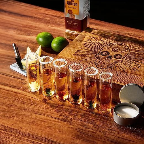 Load image into Gallery viewer, Tequila Shot Glass &amp; Salt Gift Set for Men &amp; Women | Six Agave Shot Glasses, Knife For Limes, One Skull Coaster, One Salt Tin | Skeleton Mahogany Wood Box Package For Tequila, Liquor Lovers by The Wine Savant
