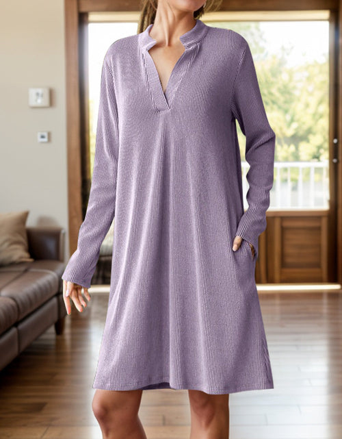 Load image into Gallery viewer, Notched Long Sleeve Mini Dress with Pockets
