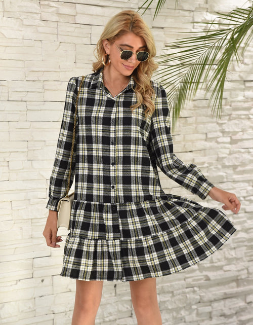 Load image into Gallery viewer, Ruffle Hem Plaid Button Down Long Sleeve Dress
