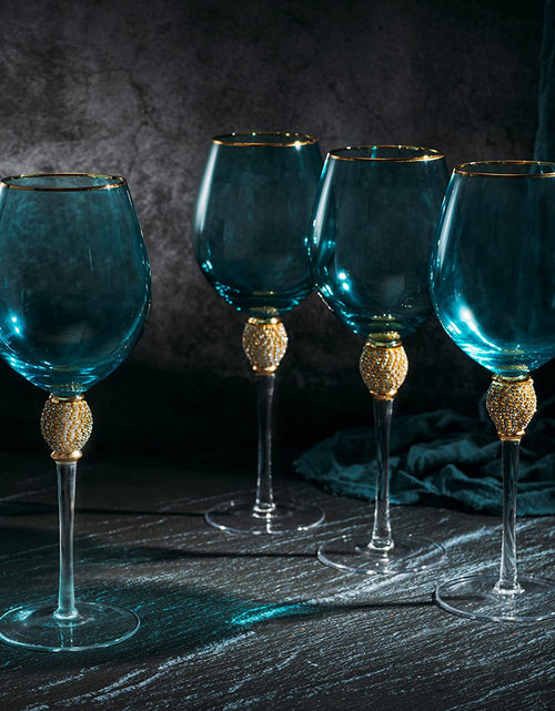 Load image into Gallery viewer, The Wine Savant Large Diamond Wine Glasses, 10" H Gold Rim Rhinestone Diamond Glasses - Wedding Glasses - 18 Ounce, Premium Designed Wine Glasses for Spirits and Wine, Gift Boxed (4, Blue) by The Wine Savant
