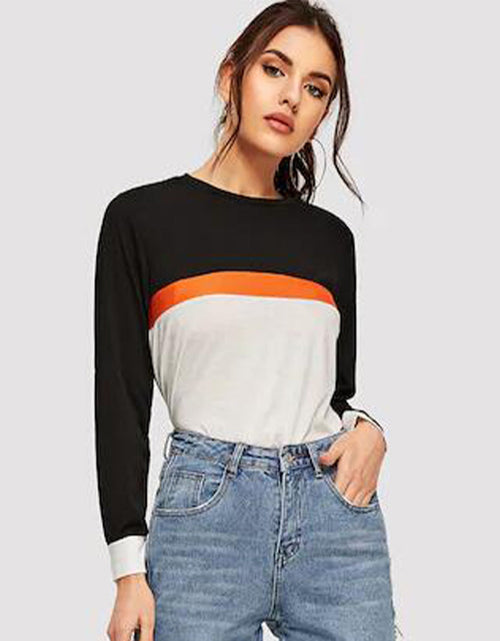 Load image into Gallery viewer, Shiny Color Block Round Neck Long Sleeve Tee
