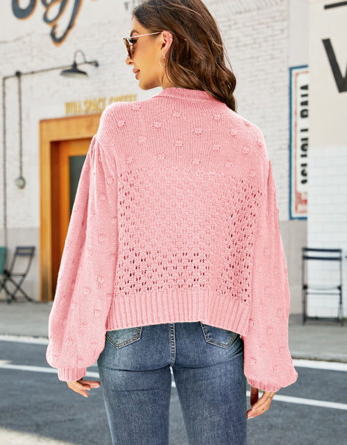Load image into Gallery viewer, Woven Right Openwork Pompom Puff Sleeve Cardigan
