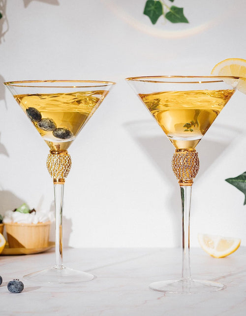 Load image into Gallery viewer, Diamond Collection 2 Piece Stemmed Martini Set - Rhinestone For Drinking Martinis, Manhattans, Vodka, Gin, Cocktails Gold Accent Cocktail Glasses, Perfect For Any Bar or Party 10oz - Swarovski Style by The Wine Savant
