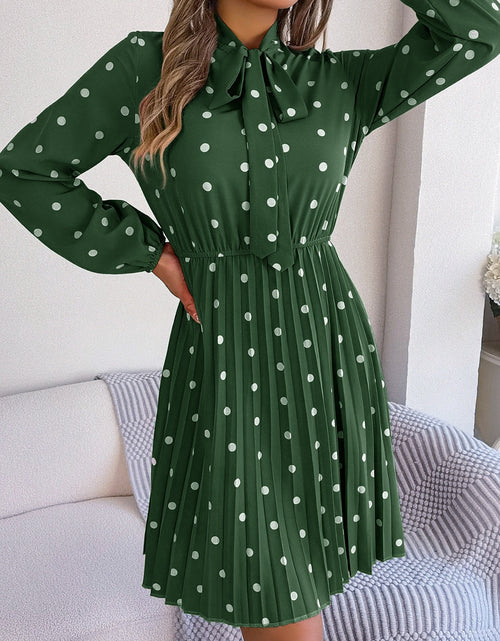 Load image into Gallery viewer, Polka Dot Tie Neck Pleated Dress
