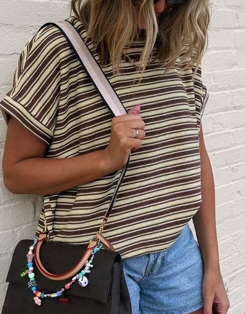 Load image into Gallery viewer, Stripe Textured Side Slit Crew Neck T-Shirt

