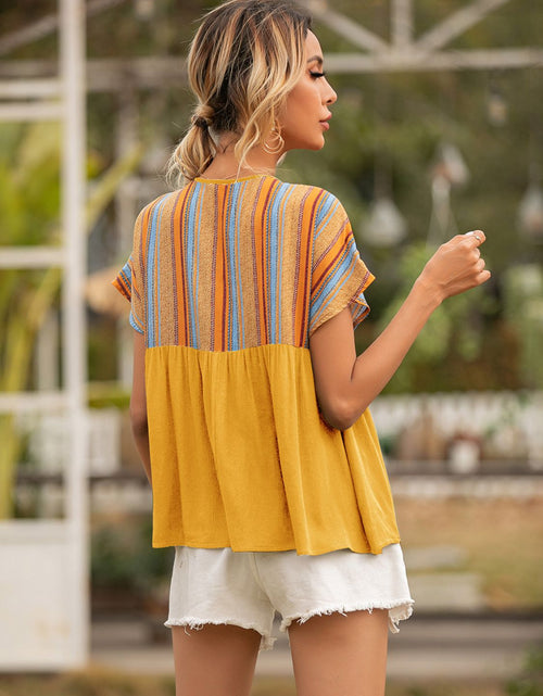Load image into Gallery viewer, Ivy Lane Striped Tie Neck Short Sleeve Blouse
