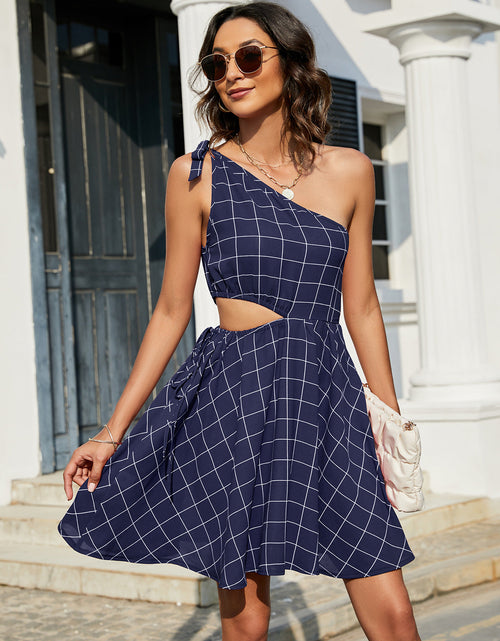 Load image into Gallery viewer, Grid One-Shoulder Tied Cutout Dress
