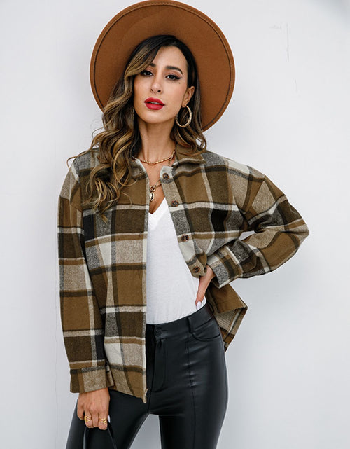 Load image into Gallery viewer, Shiny Plaid Button Up Collared Neck Jacket
