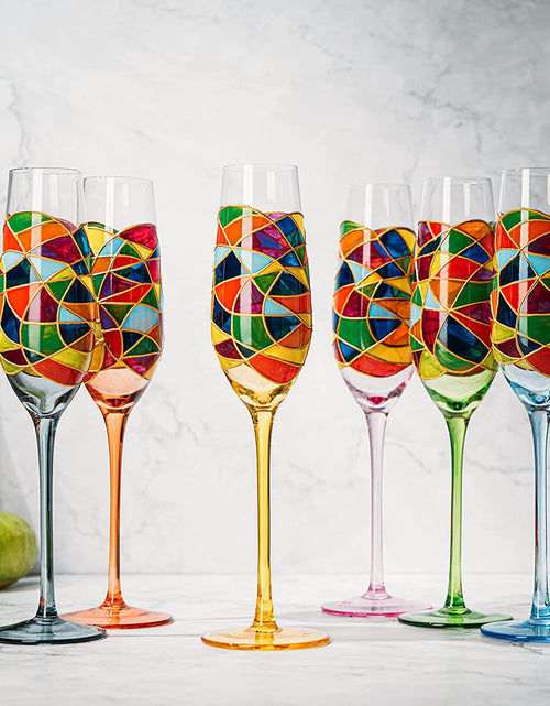 Load image into Gallery viewer, Stained Glass Champagne Flutes Set of 6 Hand Painted - Wine Savant - Hand Blown 7 Ounce Colorful Renaissance Champagne Glasses - 10.2" Tall, 2.7" Diameter Rainbow Multicolor Design Glassware by The Wine Savant
