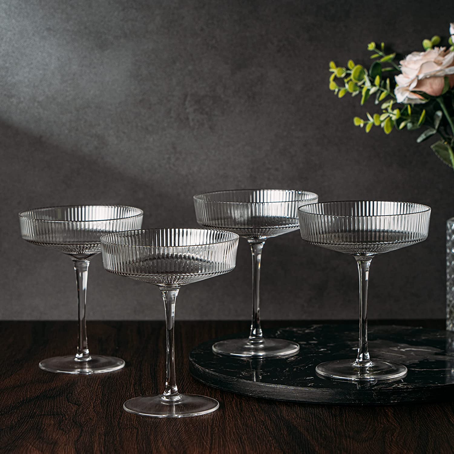 Ribbed Coupe Cocktail Glasses 8 oz | Set of 4 | Classic Manhattan Glasses For Cocktails, Champagne Coupe, Ripple Coupe Glasses, Art Deco Gatsby Vintage, Crystal with Stems (Clear) by The Wine Savant