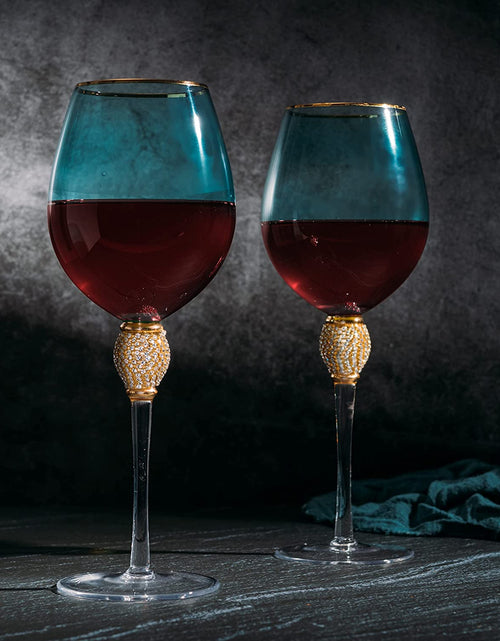 Load image into Gallery viewer, The Wine Savant Large Diamond Wine Glasses, 10" H Gold Rim Rhinestone Diamond Glasses - Wedding Glasses - 18 Ounce, Premium Designed Wine Glasses for Spirits and Wine, Gift Boxed (4, Blue) by The Wine Savant
